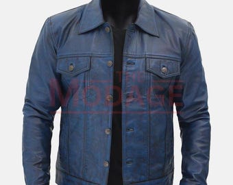 Trucker Jacke aus blauem Leder: Vintage Biker Style gewachste Optik Western Motorradjacke