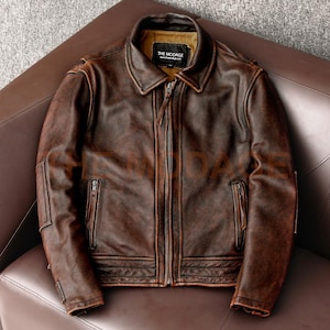 Blouson moto en cuir marron effet vieilli - Nouveau look vintage Blouson en cuir pour hommes - Blouson motard café racer marron avec effet vieilli rouge