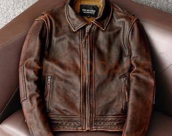 Beunruhigte braune Leder Motorradjacke - Cafe Racer Biker