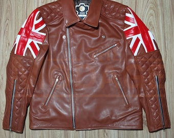 Chaqueta Cafe Racer de Cuero Marrón: Chaqueta de Motociclista Union Jack para Hombre, Estilo Moto Acolchado