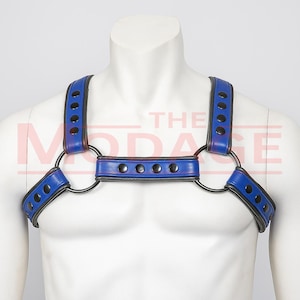 Leather Harness Men – ClubWear Chest Strap Belt Harness Blue And Black Piping Black Hardware – Customized Adjustable Harness Cosplay Costume