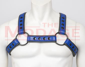 Leder Harness Herren - ClubWear Brustgurt Blau Schwarz Paspeln Schwarze Hardware - Anpassbarer Leder Harness Cosplay Kostüm