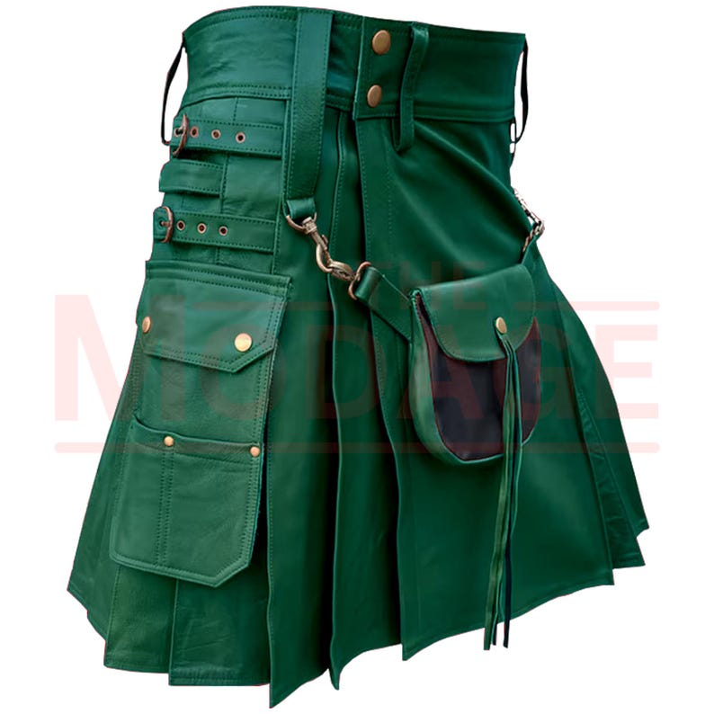 May include: A green leather kilt with multiple pockets and buckles. The kilt has a small pouch attached to the front with a tassel.