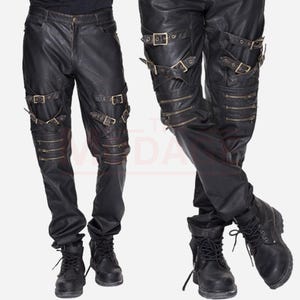 Men’s Leather Pants, Steampunk Rock Gothic Pants, Black Leather Pant Buckles - Zippers, Party Pants Hardcore Combat Warrior Cosplay Costume