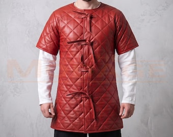 Genuine Leather Gambeson | Quilted Medieval Armor Aketon - LARP Viking Warrior Cosplay Costume Tunic Gift for Him