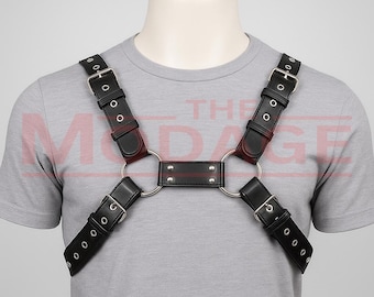 Black Leather Chest Harness for Men – Adjustable Buckled Body Strap Harness with Metal O-Rings – Festival, Clubwear, Cosplay Gear Costume