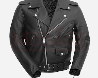 Herren Schwarz Rindsleder Bikerjacke: Asymmetrischer Reißverschluss Brando Style Motorrad-Gürteljacke