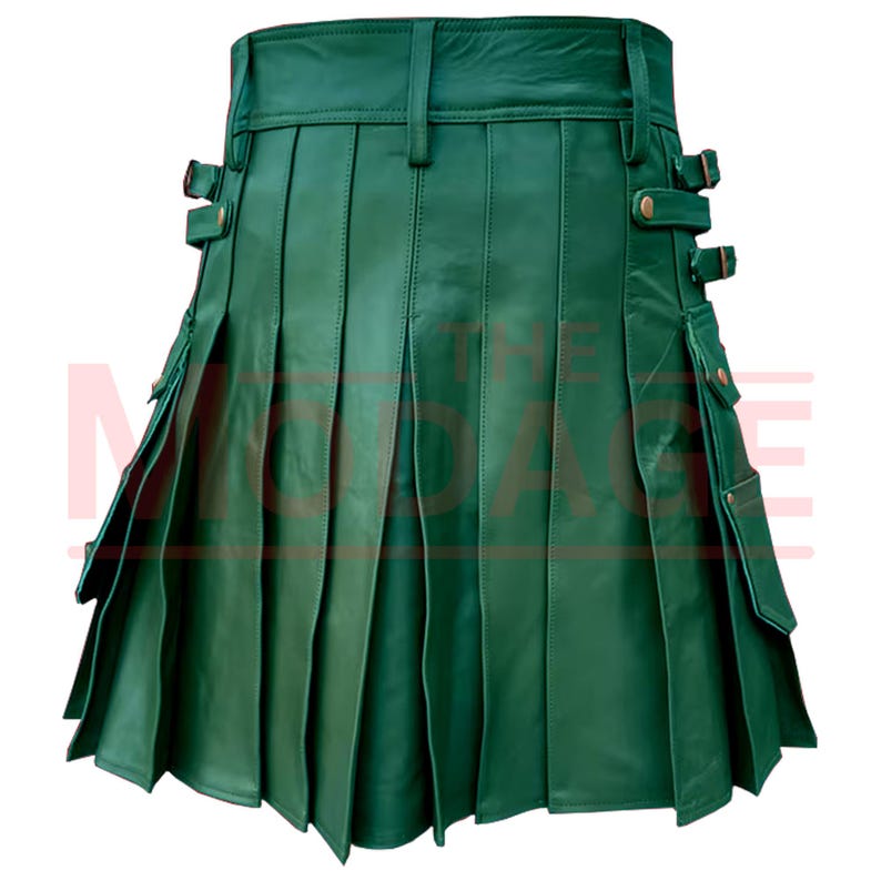 May include: A green leather kilt with pleats and pockets. The kilt has a buckle closure and is made of genuine leather.