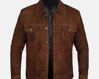 Dunkelbraune Wildleder Trucker Jacke für Herren - Ledermantel im Western-Stil