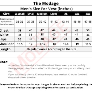 Puede incluir: Una tabla de tallas para chalecos, titulada "The Modage", con medidas en pulgadas. Incluye medidas de pecho, cintura, cadera, hombro y largo para tallas X-Small a 3XL. La tabla proporciona recomendaciones de tallas.