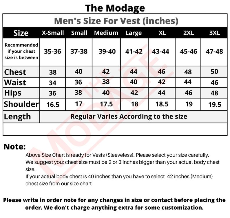 Puede incluir: Una tabla de tallas para chalecos, titulada "The Modage", con medidas en pulgadas. Incluye medidas de pecho, cintura, cadera, hombro y largo para tallas X-Small a 3XL. La tabla proporciona recomendaciones de tallas.