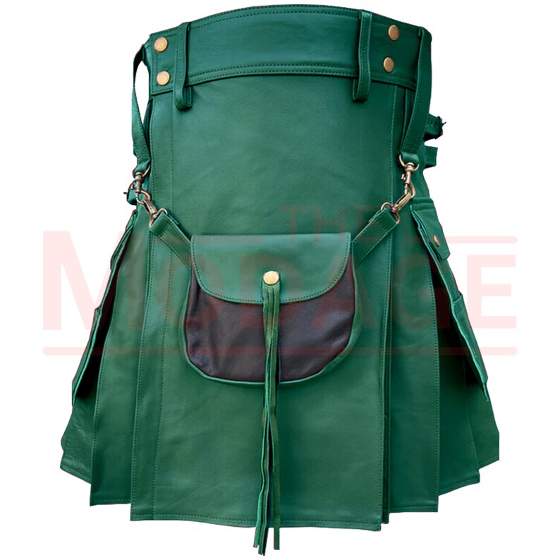 May include: A green leather kilt with a black leather pocket and a gold buckle. The kilt has a fringe detail and is made of high-quality leather.