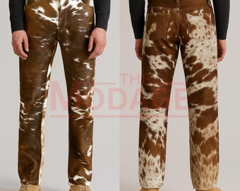 Handgefertigte Lederhose | Echtes Haar auf Fell, Western Style Kuhfell Hose Herren