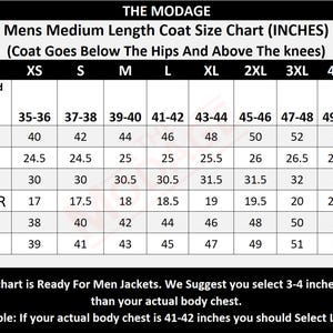 May include: A size chart for a medium length coat in inches. The chart shows the recommended chest size, sleeve length, length, shoulder width, waist size, and hip size for different sizes, from XS to 5XL.