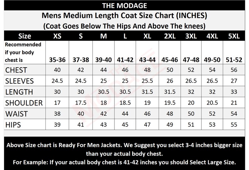 May include: A size chart for a medium length coat in inches. The chart shows the recommended chest size, sleeve length, length, shoulder width, waist size, and hip size for different sizes, from XS to 5XL.