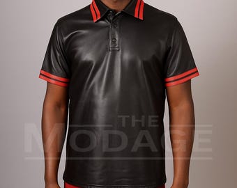 Black Leather Polo Shirt with Red Trim – Short Sleeve Clubwear Top