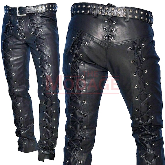Men’s Black Lace Up Leather Pant - Front & Back Laced Pant - Biker Motorcycle Style - Men Leather Pants - Steampunk Gothic - Leather Pant