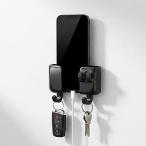 May include: Black wall-mounted phone holder with a smartphone, keys, and charging cable. The holder has two key hooks and a slot for the phone. The phone is black, and the keys are silver and black.