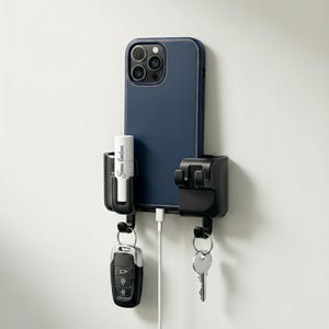 May include: A black wall-mounted organizer with a navy blue phone case, a white charging cable, and a lipstick. The organizer also holds a car key fob and a house key. The phone case has a white stitched border.