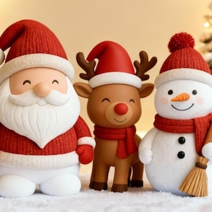 May include: A Christmas display with three festive figures: Santa Claus, a reindeer, and a snowman. Santa wears a red knitted hat and suit with a white beard. The reindeer has antlers and a red scarf. The snowman holds a broom.