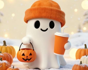 Cute Halloween Ghost STL 3D Model – Kawaii Ghost with Pumpkin Bucket & Coffee Cup for 3D Printing STL / OBJ