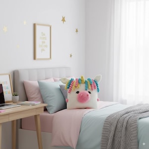 Puede incluir: Una habitación infantil con un cojín con forma de unicornio con una nariz rosa y una melena arcoíris. La cama tiene ropa de cama rosa y azul, una manta gris y cojines decorativos. Estrellas doradas decoran la pared blanca y una impresión enmarcada cuelga sobre la cama.