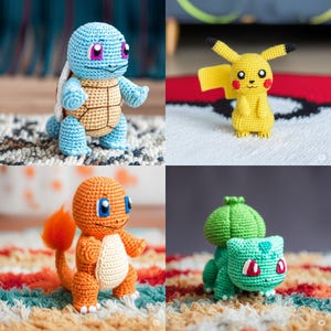 May include: Four crocheted Pokémon figures: Squirtle, Pikachu, Charmander, and Bulbasaur. Squirtle is blue with a tan shell. Pikachu is yellow with red cheeks. Charmander is orange with a flame tail. Bulbasaur is green with a bulb on its back.