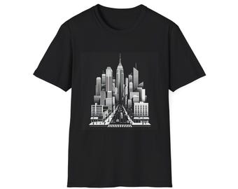 Camiseta unisex de estilo suave con estampado urbano, camiseta gráfica urbana en blanco y negro, camiseta de estilo callejero, camiseta moderna con el horizonte de la ciudad, regalo para amantes de la ciudad
