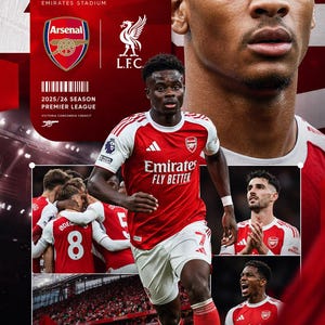 May include: A promotional image for an Arsenal vs. Liverpool Premier League soccer match. The image features players in red and white jerseys, the team logos, and the match details: May 3, 2026, 16:30 kickoff at Emirates Stadium. The image also includes the text "Emirates Fly Better."