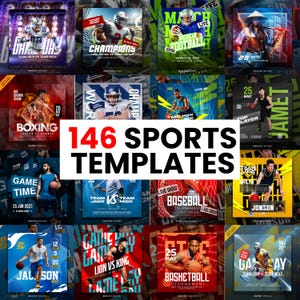 May include: A collage of 16 colorful sports themed social media post templates. The templates feature various sports including basketball, baseball, football, and boxing. The templates are designed with a variety of colors, fonts, and graphics.