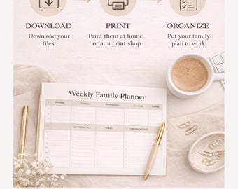 Weekly Family Planner Printable for Busy Moms | Meal Planner, Chores Chart, Budget & Kids Schedule | Minimal Home Organization PDF
