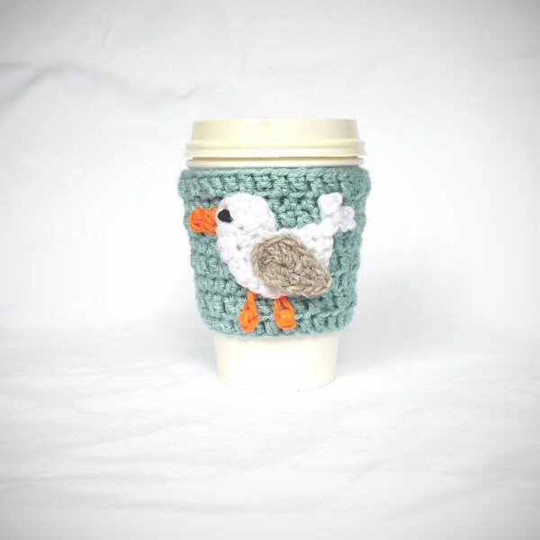 Sea Gull Slip On Coffee Mug Cup Travel Mug Crochet Cozy Sleeve pale blue