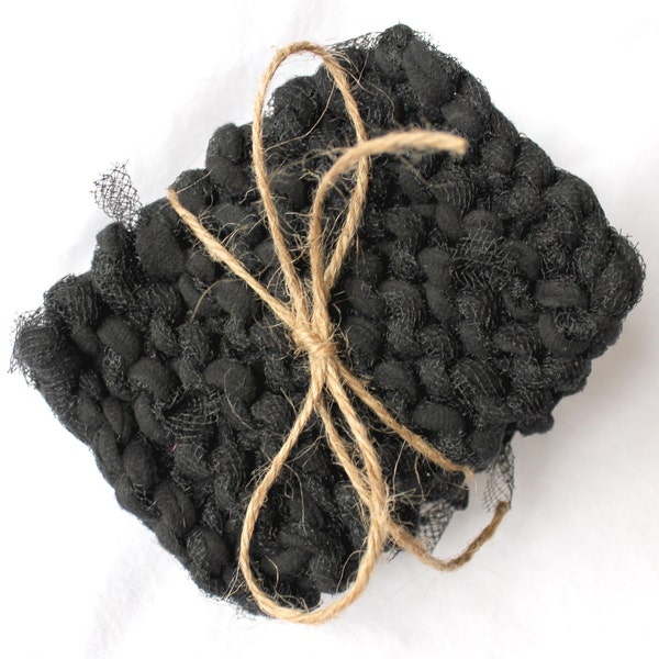 Three black kitchen scrubbies t shirt yarn and tulle