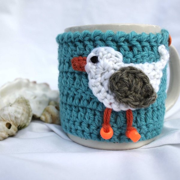 Mug Cozy, Cup Cosy, Mug Warmer Crochet Sea Gull on Aqua