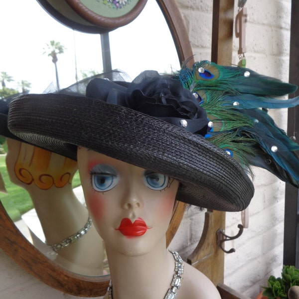 Kentucky Derby Hats, Custom Hat,   Wide Brim with an Upturned Brim, Merry Widow, Black Hat