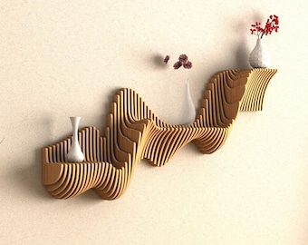 Estantería ondulada paramétrica hecha a mano: decoración moderna de pared de madera