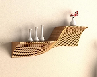 Estantería de pared de madera paramétrica hecha a mano: moderna estantería flotante