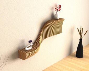 Estantería de pared paramétrica: estantería flotante de madera ondulada