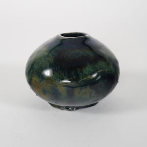 Vintage 1970s Hand Made Dark Green Glazed Rustic Studio Pottery Vase, 7cm x 9cm Size