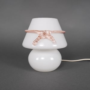 Vintage 1970s Murano White Opal Glass Mushroom Table Lamp with Pink Applied Bow, 28cm x 16cm Size