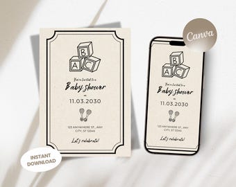 Puede incluir: Una invitación a un baby shower y un teléfono inteligente que muestra el mismo diseño. El diseño presenta bloques ABC apilados, maracas y el texto "You're Invited to a Baby Shower on 11.03.2030." La invitación también incluye la dirección y la frase "Let's celebrate!"