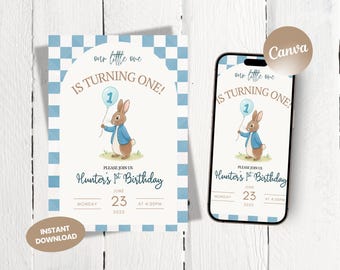 Peter Rabbit Birthday Invitation | 1st Birthday Invite Printable Template | Rustic Bunny, 1st Birthday| Editable Peter Rabbit Party Decor