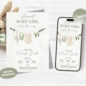 Girl Baby Shower Invite, Clothesline Baby Shower Invite, Boho Baby Shower Invite, A Sweet Girl Invite, Editable Template, Printable Invite