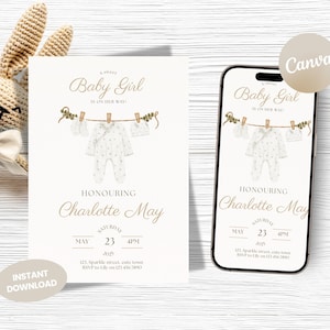 Baby Girl Shower Invite, Clothesline Baby Shower Invite, Boho Baby Shower Invite, A Sweet Girl Invite, Editable Template, Printable Invite