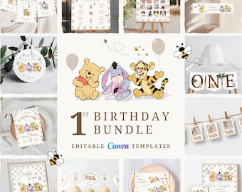 Winnie the Pooh Birthday Invitation Bundle, Winnie The Pooh Neutral Invite, 1st Birthday Bundle Vintage Pooh Bear Invite, Instant Download