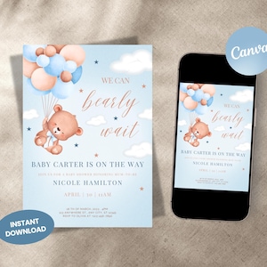 Bear Baby Shower Invite, Blue Boy Boho Bear Baby Shower, We Can Bearly Wait Invitation, Blue Bear Invite for Boys, Editable in Canva