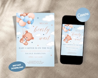 Editable Brown Bear Balloon Baby Shower Invitation, We Can Bearly Wait Baby Shower Invite, Blue Boy Boho Bear Baby Shower, Instant Download