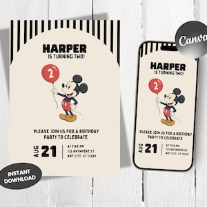 May include: Birthday party invitation featuring Mickey Mouse holding a red balloon with the number 2. The invitation includes the text "Harper is turning two!" and party details. The design is on a cream background with black and white stripes.
