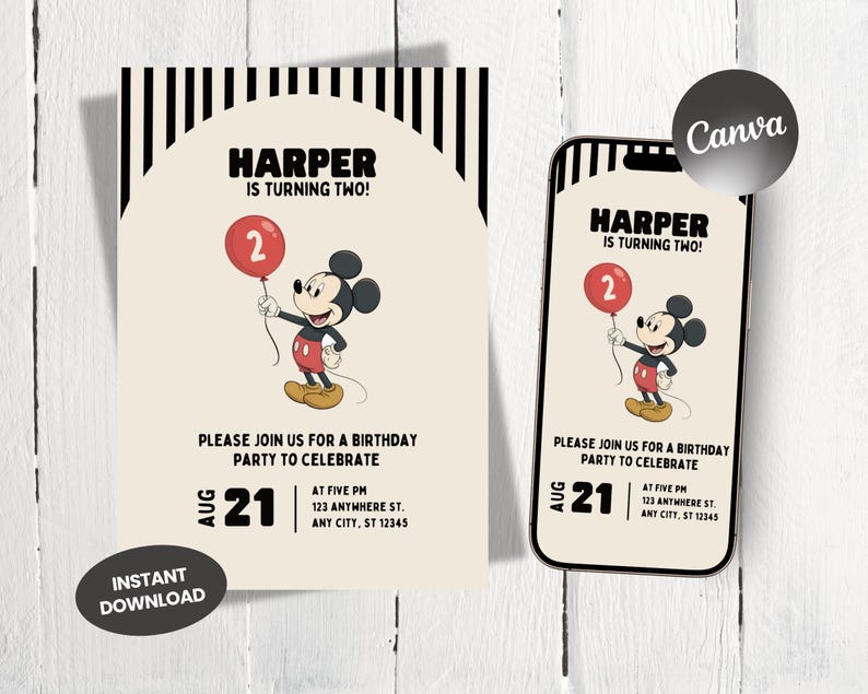 May include: Birthday party invitation featuring Mickey Mouse holding a red balloon with the number 2. The invitation includes the text "Harper is turning two!" and party details. The design is on a cream background with black and white stripes.