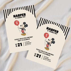 May include: Two birthday party invitations featuring Mickey Mouse holding a red balloon. The invitations have black and white striped borders and include the text "HARPER IS TURNING TWO!" and party details.